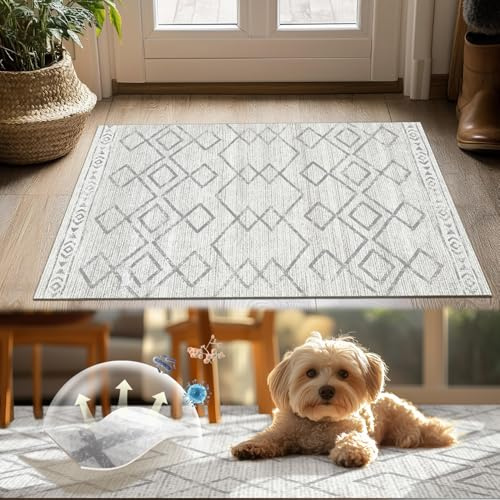 TOPICK Läufer Flur Waschbar Küche Läufer Modern Geometrischer Teppich Dünner Antibakterieller Faltbar rutschfest Teppich für Brücken Schlafzimmer Wohnzimmer Tisch Flur Eingangsbereich 60x150cm Grau