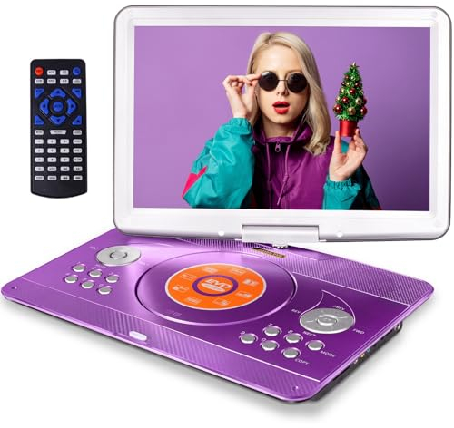 16.9'' Portable DVD Player with 14.1'' Large Swivel HD Screen, Kids DVD Players Portable with 6 Hrs 5000mAH Rechargeable Battery【Upgraded】, Sync TV, Support USB/SD Card, with Car Charge,Purple