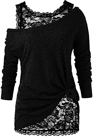 Keepink Women's Long Sleeve Tunic Tops Elegant Boat Neck Cold Shoulder Blouse Lace Dressy Casual Shirts Baggy Pullover T Shirts Sexy Evening Party Top UK 8-16 Clearance