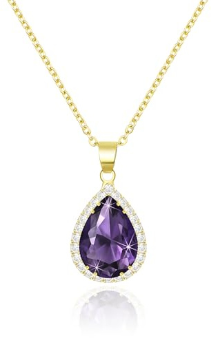 Linawe Amethyst Anhänger Kette Halskette Damen, Goldkette Lila Diamant Geburtsstein Kristall Charm Kette, Kettenanhänger Gold Halsketten Damenkette Schmuck Set Jewelry Modeschmuck