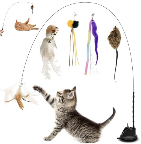 GMMG Katzenspielzeug Interaktiv Spielzeug Katze Intelligenz Cat Toys Kätzchen Zauberstab Kätzchen Zauberstab mit Saugnapf Federn für Kleine Große Katzen