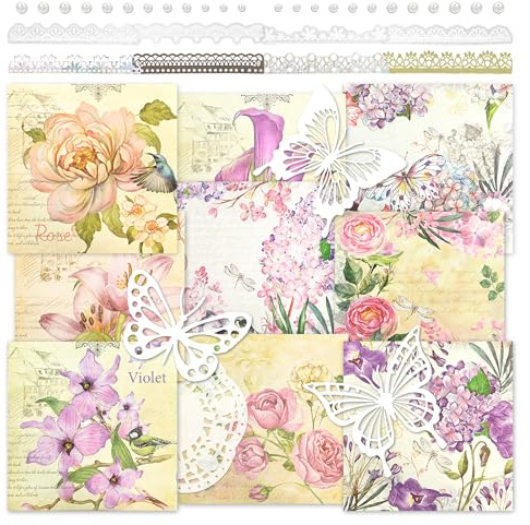 Papel decoupage con flores vintage y recortes de mariposas, pegatinas decorativas de encaje, suministros para álbumes de recortes, diarios, planificadores, tarjetas, manualidades, collages (Jade)