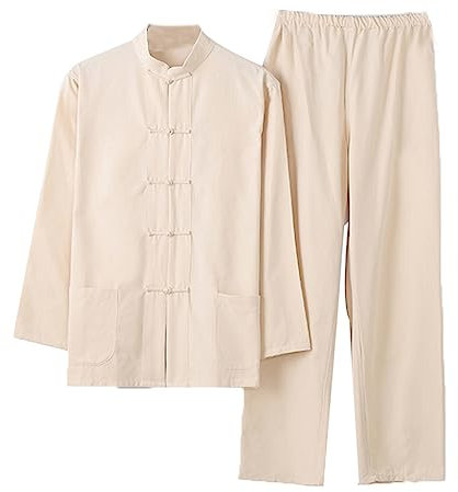Chinesische Kleidung Tang-Anzug aus reiner Baumwolle, bequemer Kampfsportanzug for Herren, traditionelle Kleidung, atmungsaktive Kung-Fu-Uniformen, Tai-Chi-Kleidung, langärmliges Hemd und Hose(Beige,3