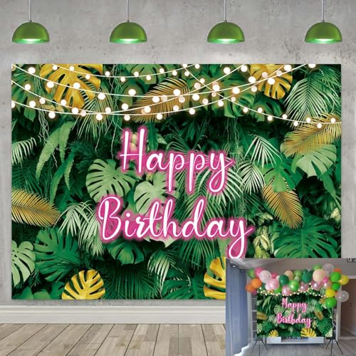 Toile de fond hawaïenne avec feuilles de palmier tropicales « Happy Birthday » - 1,8 x 1,2 m - Décoration de fête d'été Aloha Luau - Feuille de jungle, verdure - Rose fluo - Pour adultes et enfants
