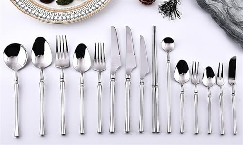 Posate in argento, set di posate in acciaio inossidabile 304 da 15 pezzi, coltello da bistecca, forchetta e cucchiaio, coltello da dessert, set di forchette e cucchiai, argento-6 set