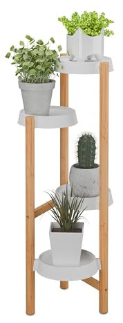 Relaxdays Scaffale Portapiante con 4 Ripiani in Plastica, Scala Portafiori, Supporto Vasi, 85x32x33 cm, bambù, Naturale