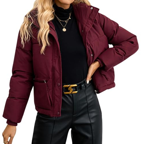 IWEMEK Veste Hiver Femme Chaude Parka Courte Chaude avec Fermeture à Glissière - Manteau Léger Isolant pour Ski, Randonnée, Voyage Bordeaux M