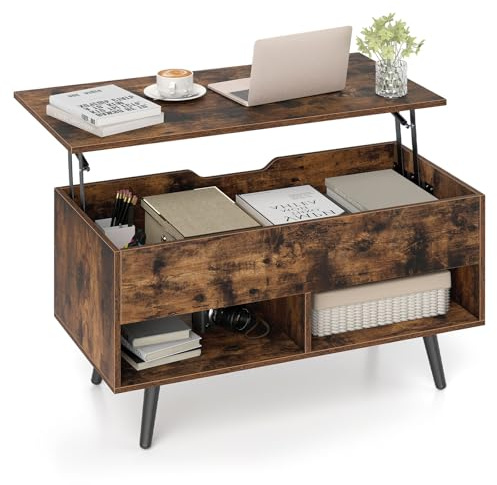 COSTWAY Soffbord höjdjusterbar, soffbord med lyftbar bordsskiva & 2 öppna hyllor, utdragbart vardagsrumsbord, kaffebord av trä för vardagsrum, kontor, 80 x 40 x 46–60 cm (brun)