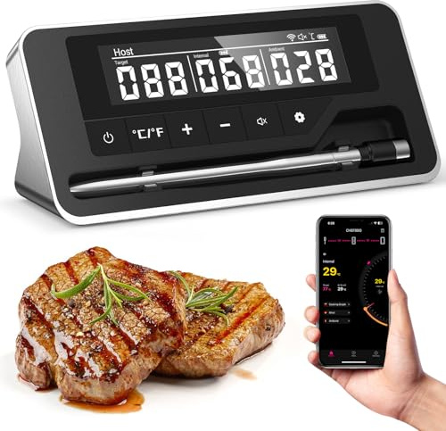 Termometro Carne, Termometro BBQ Wireless con APP, IP67 Impermeabile Termometro Barbecue per Forno, Griglia, Cucina, Girarrosto