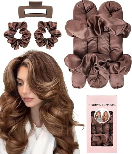 Heatless Hair Curler Set, Satin Heatless Curls Overnight, Jumbo Curling Rod Headband, No Heat Curlers to Sleep in, Curling Rod Set Styling Tools for Women (4.0 cm Original - Brown)