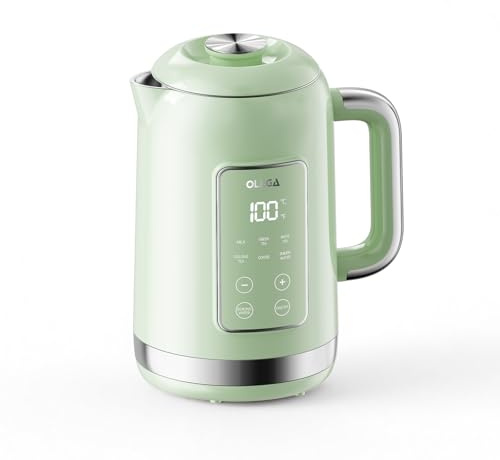 OLEGA Bollitore elettrico: bollitore elettrico da 1800 W con regolazione della temperatura, capacità 1,5 l, acciaio inossidabile, Smart Kettle, ideale per caffè e tè, verde chiaro