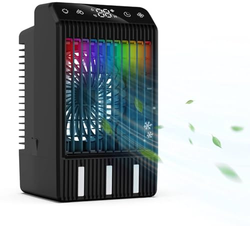 Condizionatore Portatile, 5 in 1 Raffreddatore d'aria, 4 Velocità, 2 Modalità di Nebulizzazione, Luce a 7 Colori, Timer 2-12 Ore, Mini Climatizzatore per Casa/Ufficio
