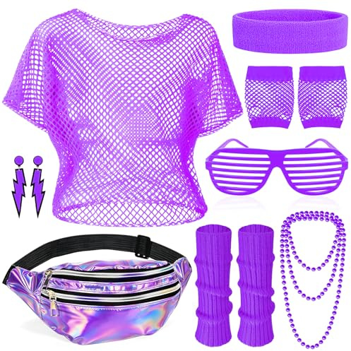 Vervora Tenue des années 80 pour femme, costume des années 90 avec haut en filet, sac banane, jambières, lunettes, bandeau, collier et gants en résille, pour carnaval, fête à thème