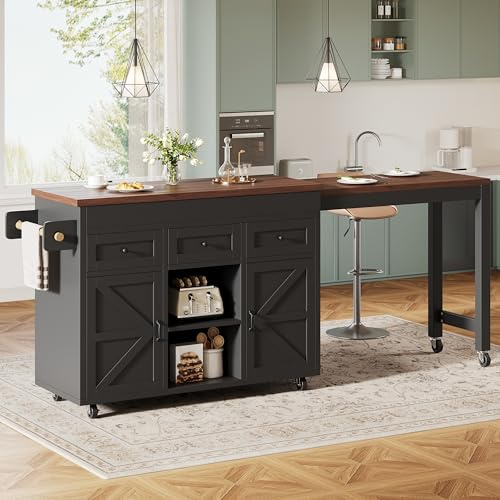 SACOOL Isla de cocina con espacio de almacenamiento, giratorio 360°, mesa de bar extensible (131,5 – 210 cm), con cajones y armarios, encimera versátil, color negro