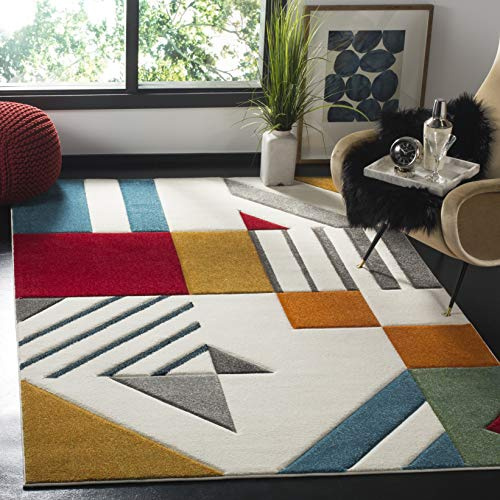SAFAVIEH Hollywood Collection Area Rug - 6'7 x 9', Ivory & Peacock Blue, Mid-Century Modern Design, Non-Shedding & Easy Care, Ideal for High Traffic Areas in Living Room, Bedroom (HLW709B)