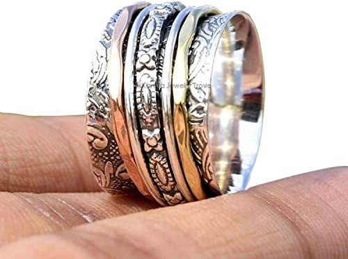 Bague d'anxiété texturée florale pour Meditaion, bagues de bande à trois tons en argent sterling 925 pour femmes, bague cadeau pour Noël