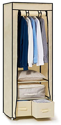 Hododou, Armadio in tela singolo, con 2 cassetti e asta appendiabiti, pieghevole e portatile, per conservare abiti, borse, giocattoli, scarpe, per soggiorno e camera da letto, 160 x 59 x 43 cm (beige)