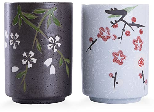 WHJY 10oz Transitional Chinese/Japanese style Handle-less Ceramic Tea cups teacup, Flora Pattern Set of 2