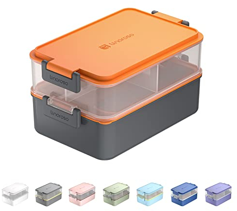Linoroso Lunchbox Erwachsene Brotdose mit 3 Fächern Bento Box mit Soßenbehälter und Geschirr Lunch Box für Mikrowelle und Spülmaschine Kunststoff BPA-frei Als Frühstücksbox Jausenbox Salatbox - Orange