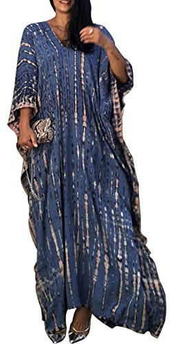 Baynetin Women Kaftan Dress,Free Size Loose Long Caftans Short Sleeve Tunic Kimono Everyday Swimwear Beach Bathing Suit Cover Ups Loungewear Robes (Dark Blue, One Size)