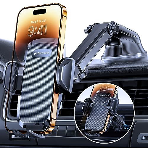 Miracase Soporte Movil Coche [Potente Ventosa& Gancho Doble Metálico] 3 in 1 Suporte Telemovel Carro para Parabrisas/Salpicadero/Ventilación de Aire, Soporte Teléfono Coche Universal para Smartphone