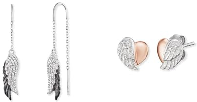 Engelsrufer Damen Ohrhänger aus Sterling Silber mit Flügel Anhänger in silber/schwarz & Damen Ohrringe Ohrstecker Herzflügel Bicolor aus Sterling Silber