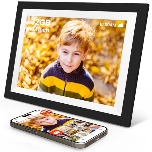 Digitaler Bilderrahmen WLAN Holz 10,1 Zoll mit 32GB SONVGOO Bilderrahmen Digital IPS Touchscreen 1280x800 Automatische Drehung Frameo Elektronischer Bilderrahmen Teilen von Fotos oder Video