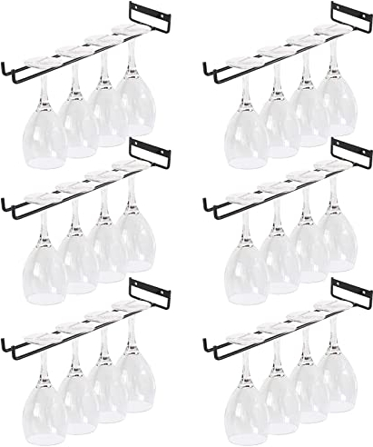VIDETOL 6 Pièces Porte Verres Suspendu, 30 cm Support Verre a Pied Suspendu, Noir Supports pour Verres à Vin Sous Armoire en Métal pour Armoire, Bar, Cuisine
