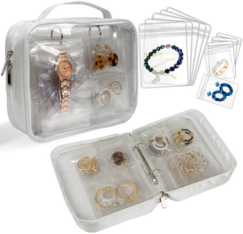 LingLingo Travel Jewelry Organizer Case Transparent Jewelry Storage Book Binder Bag for Earrings, Rings, Necklace, Bracelet (White-Clear Window)