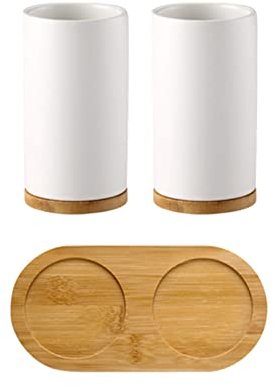 Toothbrush Holders for Bathroom,2 White Ceramic Toothbrush Toothpaste Holder Set with Wooden base,Reusable Toothbrush Cup with Bamboo Cup Bottom,Bathroom Counter Organizer