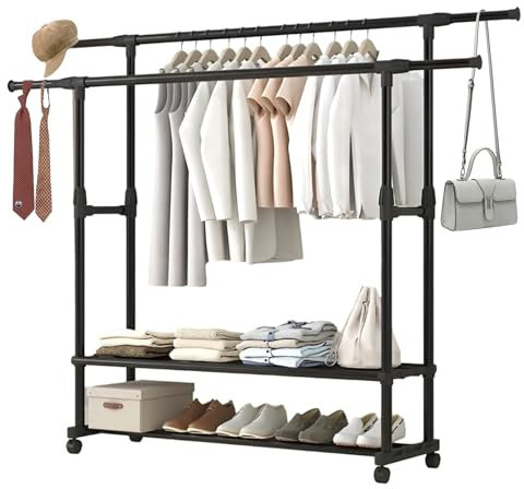 Forhandy Freistehender Doppelruten Kleiderbügel, 150*150*75cm Ausziehbar Kleiderständer auf Rollen Multifunktionaler Metall Kleiderständer mit 2 Lagen Staufächer für Mäntel, Taschen, Schuhe, Stiefel
