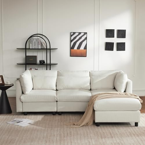MSMOK Sofá de diseño moderno de tapicería suave, tres plazas, para salón, sofá de esquina en forma de L con puf (gris)