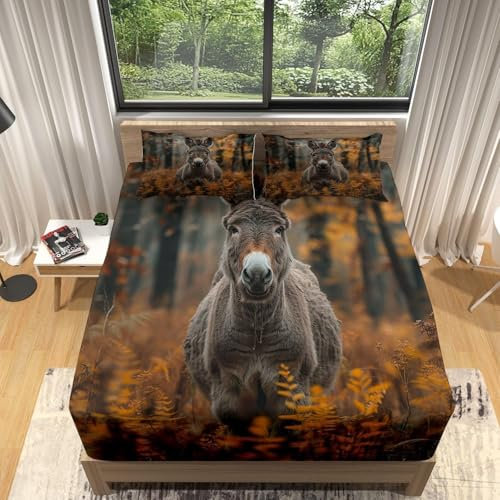 Dunkelbraun Spannbettlaken 180x200 cm Esel Boxspringbett Spannbetttuch 3D Drucken Spannbettlaken 1 Matratzenbezug Bis 30cm Hohe mit 2 KissenbezüGen 80x80cm