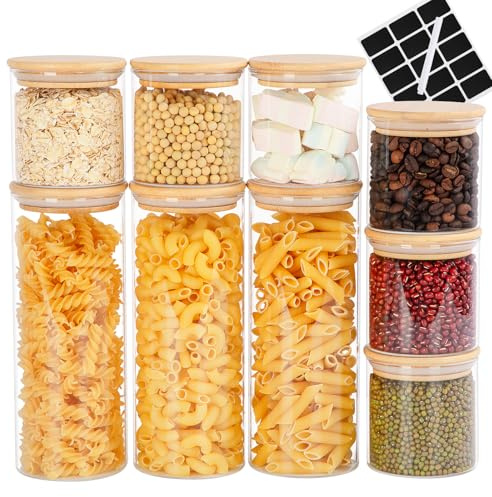 FoiiLiio Barattoli Vetro con Coperchio,Set di 9 barattoli Vetro,barattoli Ermetici con Coperchio,300ml/800ml Barattolis Cucina in Bambù,Vasetti per Cereali Pasta ﻿