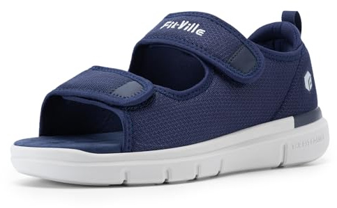 FitVille Sandali per Diabetici Uomo Larghi Scarpe Ortopediche a Strappo Sandali Riabilitativi Apertura per Piedi Gonfi Blu 44 EU Larga