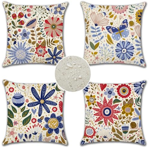 JOTOM Set of 4 Waterproof Cushion Covers 45x45 cm Outdoor Flower Summer Pillow Covers Spring Farmhouse Decorative Throw Pillow Cases for Patio Garden Porch Bench Sofa Indoor Bed (Colourful Flowers)