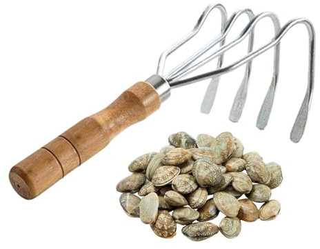 Rastrello a mano, manico in legno, raschietto per vongole, 27 x 10,5 x 9 cm, rastrello portatile a 4 denti, rastrello multifunzionale per lago, fattoria, paesaggistica, stagno, tesoro, campeggio