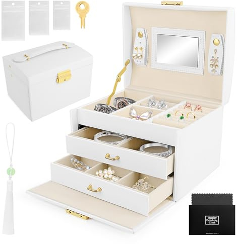 QOUBNIC Boîte à Bijoux 3 Niveaux, Boîte à Bijoux de Voyage Boite a Bijoux Femme avec Miroir, Boîtes à Bijoux Portable pour Bagues, Boucles, Colliers