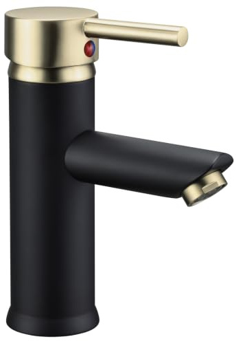 Hapilife Basin Mixer Tap Bathroom Sink Taps Black and Brushed Gold Basin Taps, Monobloc Single Lever Hot and Cold Mono Washroom Bathroom Tap with UK Standard Hoses, Modern, Stainless Steel