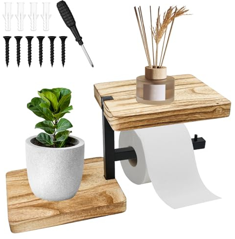 Zuxbolf Porte Papier Toilette Mural en Bois Derouleur Papier Toilette Murale Porte Papier Toilette Mural avec étagère Tablette, Porte Rouleau Papier pour Toilettes, Salle de Bain, avec Accessoires