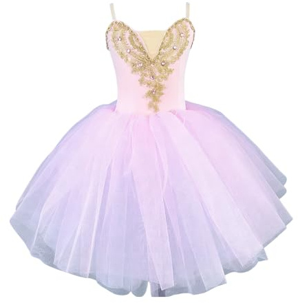 Vestito da Balletto per Bambine, tutù con Paillettes, Gonna Senza Maniche, Body Balletto Costume Ballerina Completo Balletto Abito da Ginnastica Abito Competizione di Danza,C,160
