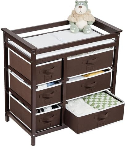 Moderna y portátil mesa cambiadora para bebé - 6 cajones de almacenamiento - colchón impermeable - estación de cambio para recién nacido, bebé y niño pequeño - Color marrón
