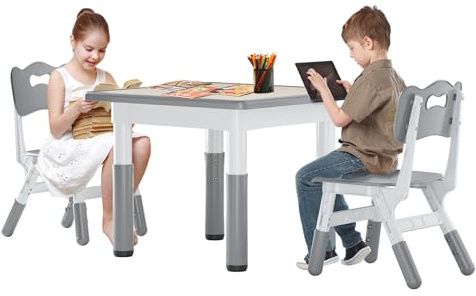YEATHOR Kids Table with 2 Chairs, Plastic Children's Furniture, Height-Adjustable, Easy to Wipe, Painting Table Set for Classroom Nursery and Home, 60x60 cm, Grey
