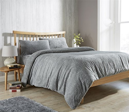 Olivia Rocco Teddy Fleece Duvet Cover Set Super Soft Warm Cosy Quilt Covers Bedding Sets With Pillowcases, Grey Double