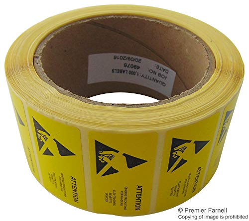 Labels, ESD Warning, Yellow, 50mm, 66M, Pre Printed Labels