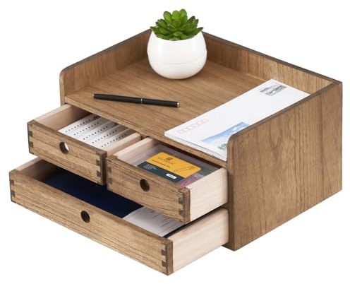 KIRIGEN Caja de Almacenaje de Madera Maciza Bandeja Plana, Organizador de Escritorio, Gran Capacidad, Organizador de Oficina de Madera amarillo-marrón