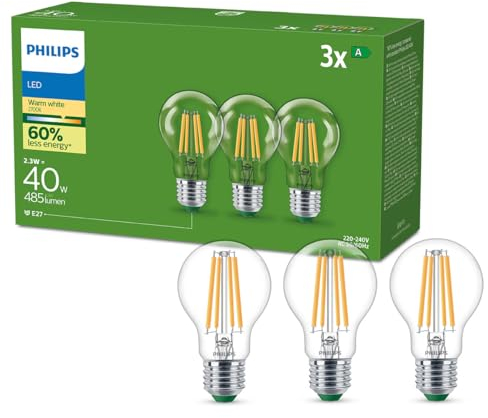 Philips Ultra Efficient - Ultra energy saving lights, E27 LED light source, 40W, A60, warm white, pack of 3, clear