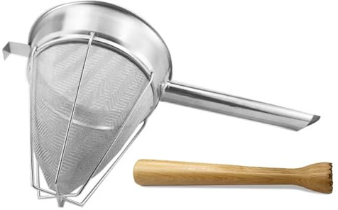 Colador chino reforzado de acero inoxidable 18/8 de alta calidad con machacador de madera, malla ultrafina para sopas suaves, purés, caldos, salsas, mango largo y gancho en L para estabilidad de ollas