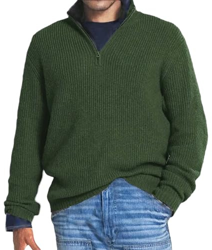 VaiKanhai tröja herr business stickad tröja herr elegant vinter stickad tröja bomull varm grovstickad ledig varm tröja långärmad med dragkedja herr revers skjortjacka casual sport, Grön 53, 4XL