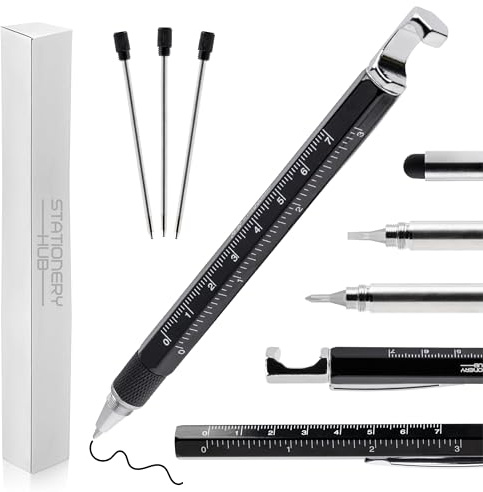 Penna Multifunzione 6 In 1, Regalo per Lui, Penne Particolari Uomo, Impugnatura Facile, Acciaio, Nero.